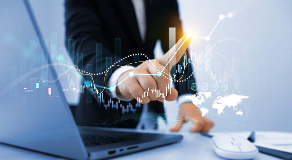 Abstract representation of a businessman at work, checking charts