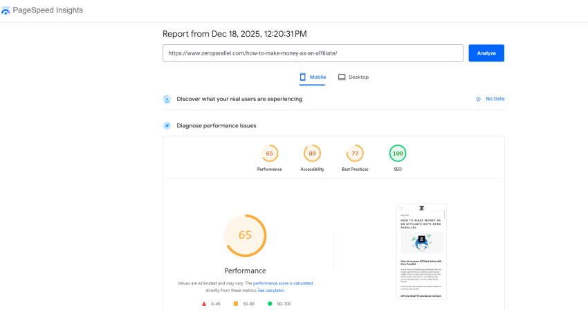 Example of using the PageSpeed Insights service for checking the website loading speed