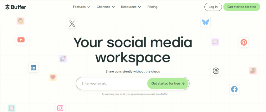 Buffer homepage, where you can go over the site's features or enter your email to get started for free