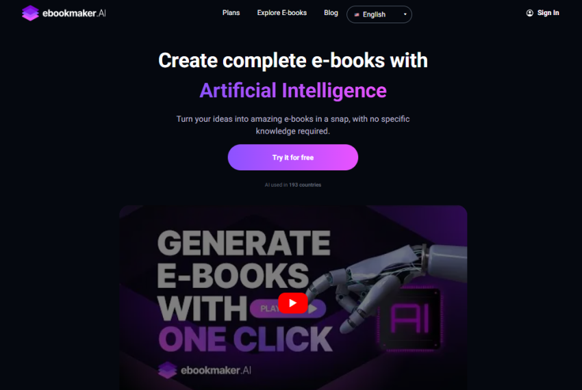 Ebookmaker homepage, where can explore solution, its plans, and try it for free