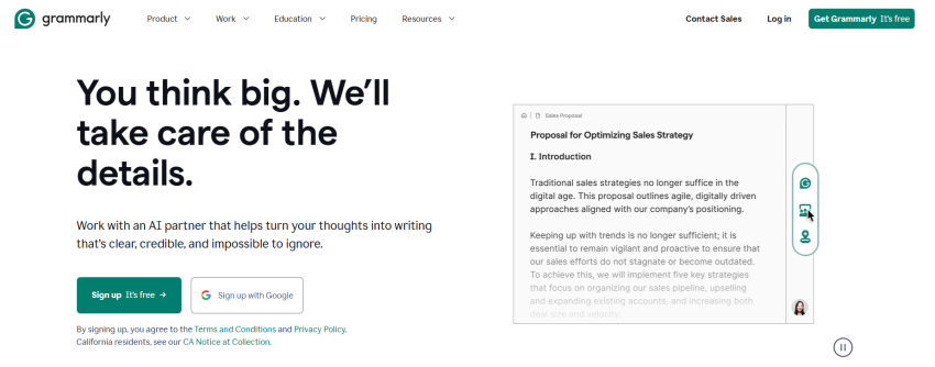 Grammarly homepage that explains how the solution helps you produce better copy, offering you to sign up and test these capabilities yourself