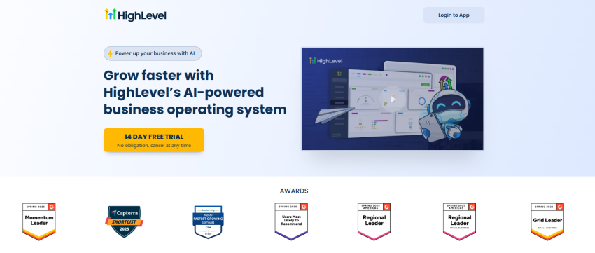 HighLevel homepage, where you can use a 14-day free trial and explore the platform's awards