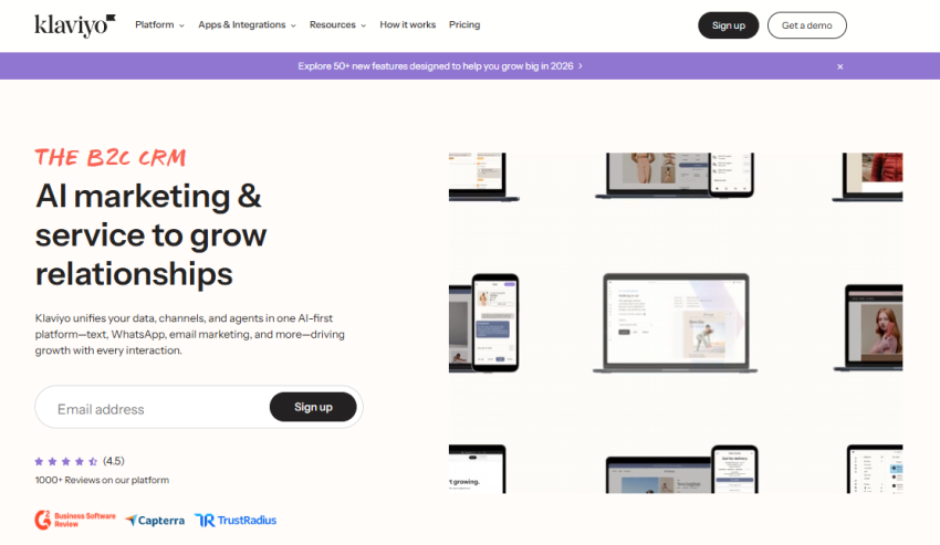 Klaviyo homepage, where you can explore the platform and sign up to get started