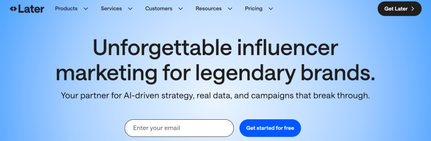 Later homepage, where you can explore the platform's offers or provide your email to get started for free