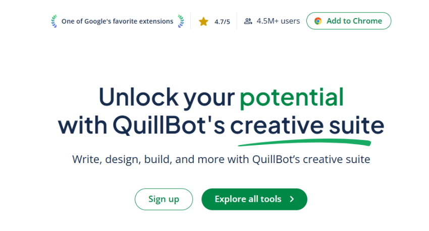 QuilBot homepage where you can explore the provided tools or sign up to try them out