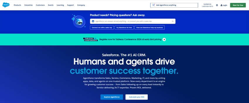 Salesforce homepage, where you can explore the site or test a proprietary AI agent