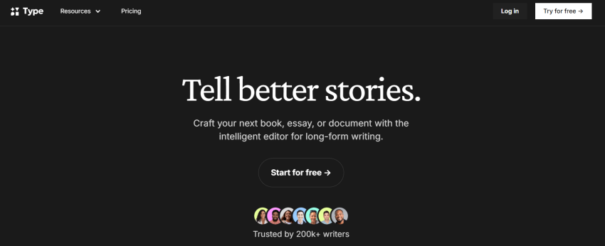 Type homepage, where the brand explains its proposition, offering you to start a free trial