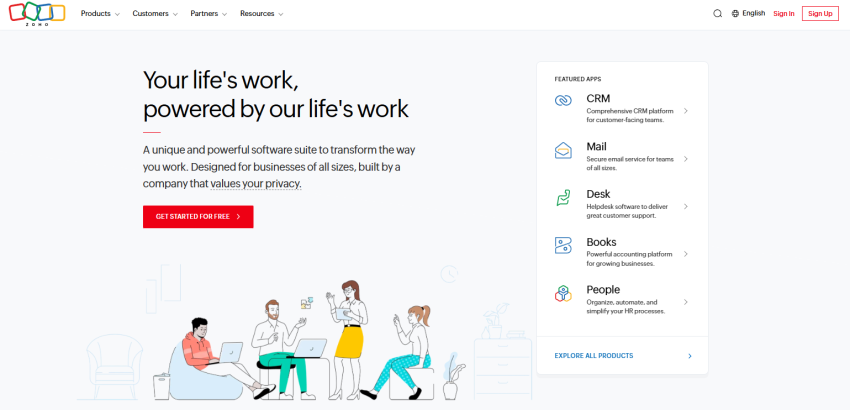 Zoho homepage, where users explore featured apps, their functions, and get started for free